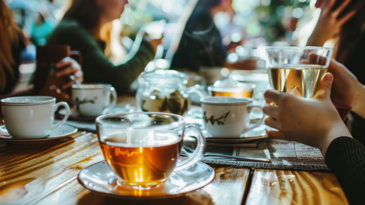 Grupo de personas disfrutando de té en una mesa de café